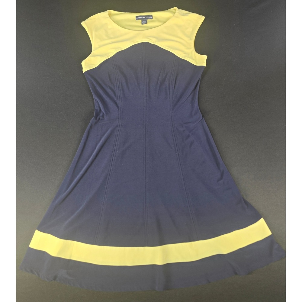 American Living Navy Blue Lime Yellow Colorblock Fit Flare Dress Sz 8 Sleeveless
